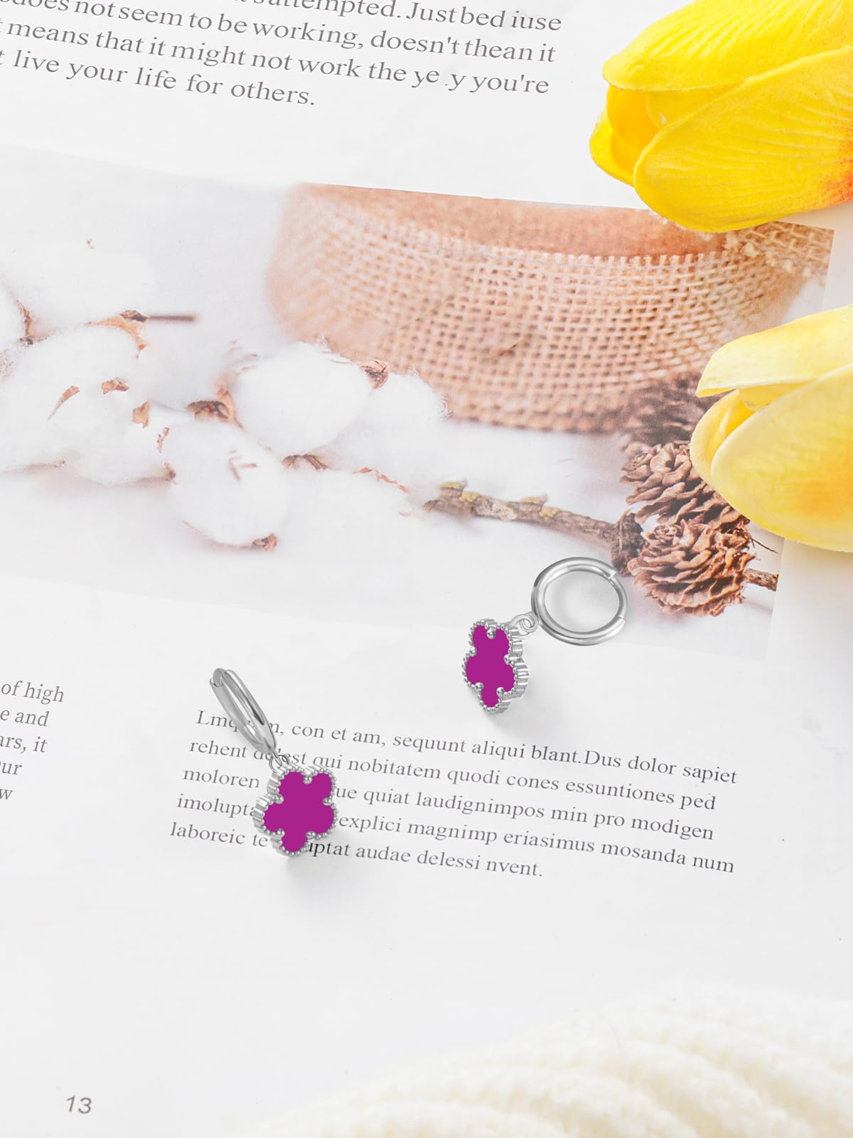 Gold Plated Five Leaf Clover Dangle Dot Earrings for Women Lucky Flower Jewelry (Purple-White Gold Plated)