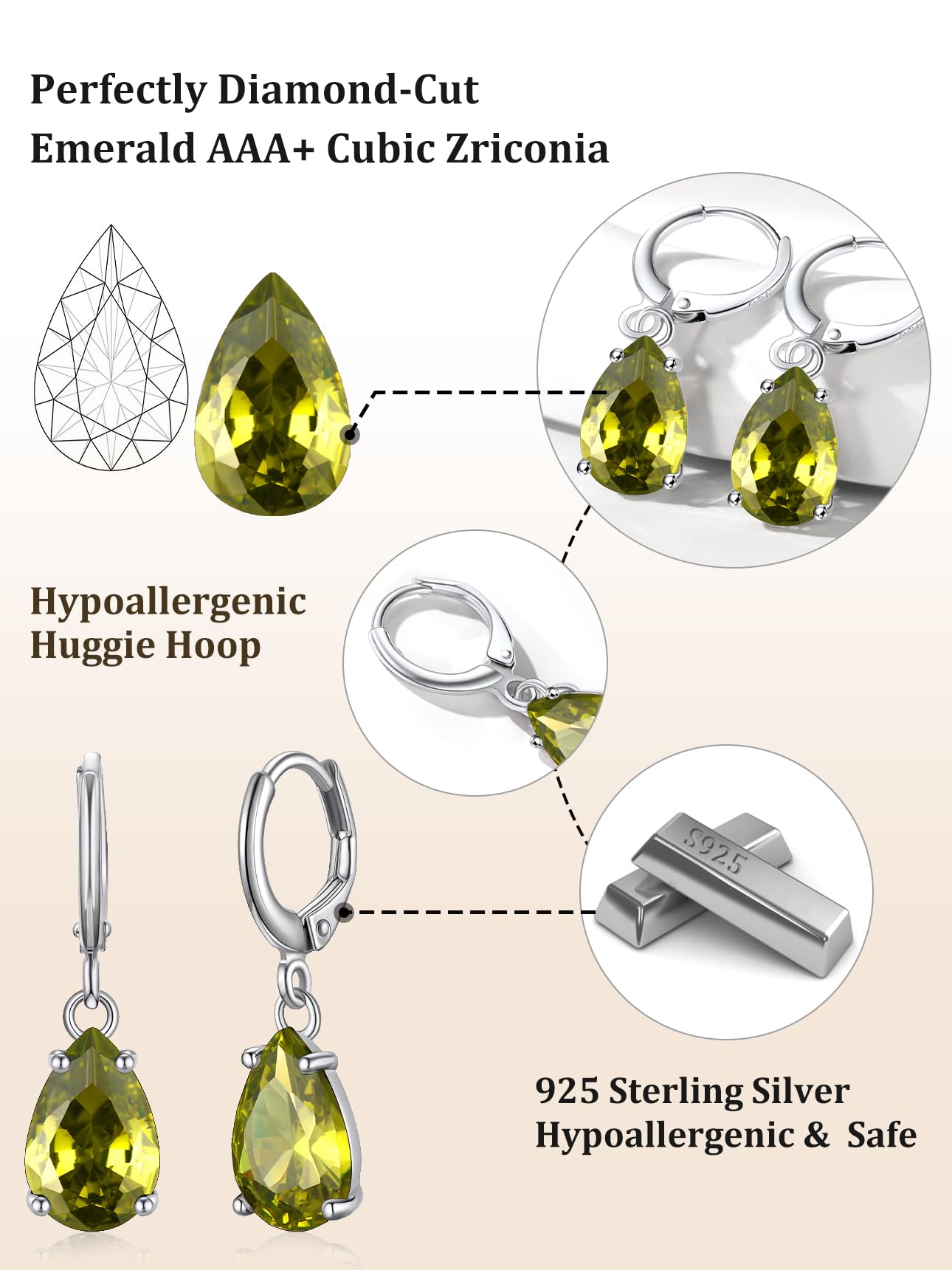 Bestyle Silver August Birthstone Drop Dangle Earrings - Created Peridot Teadrop Earrings for Women - Dainty Cute Small Silver Huggie Hoop Dangle Earrings for Birthday Wedding Party Gowns