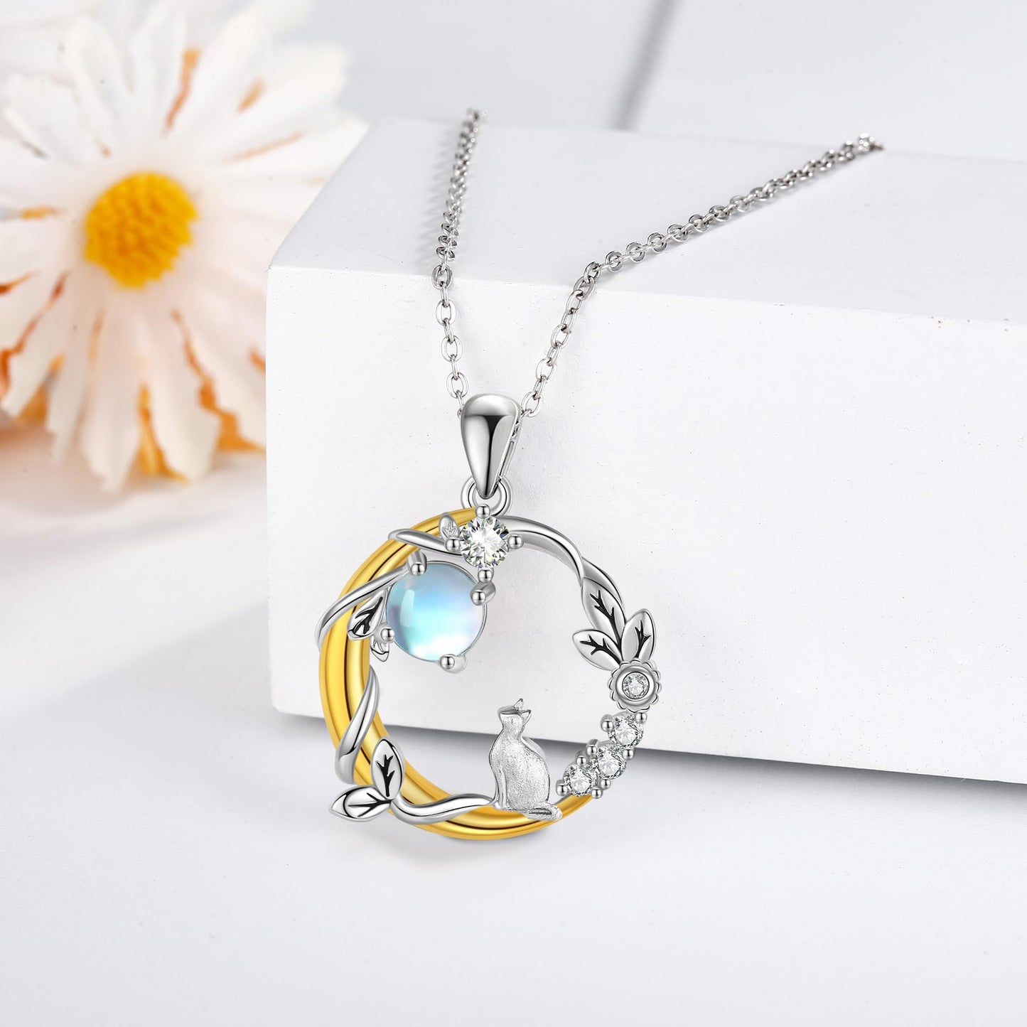 YAFEINI Cat Necklace 925 Sterling Silver Moonstone Moon and Cat Pendant Christmas Mother's Day Jewelry for Women Mom