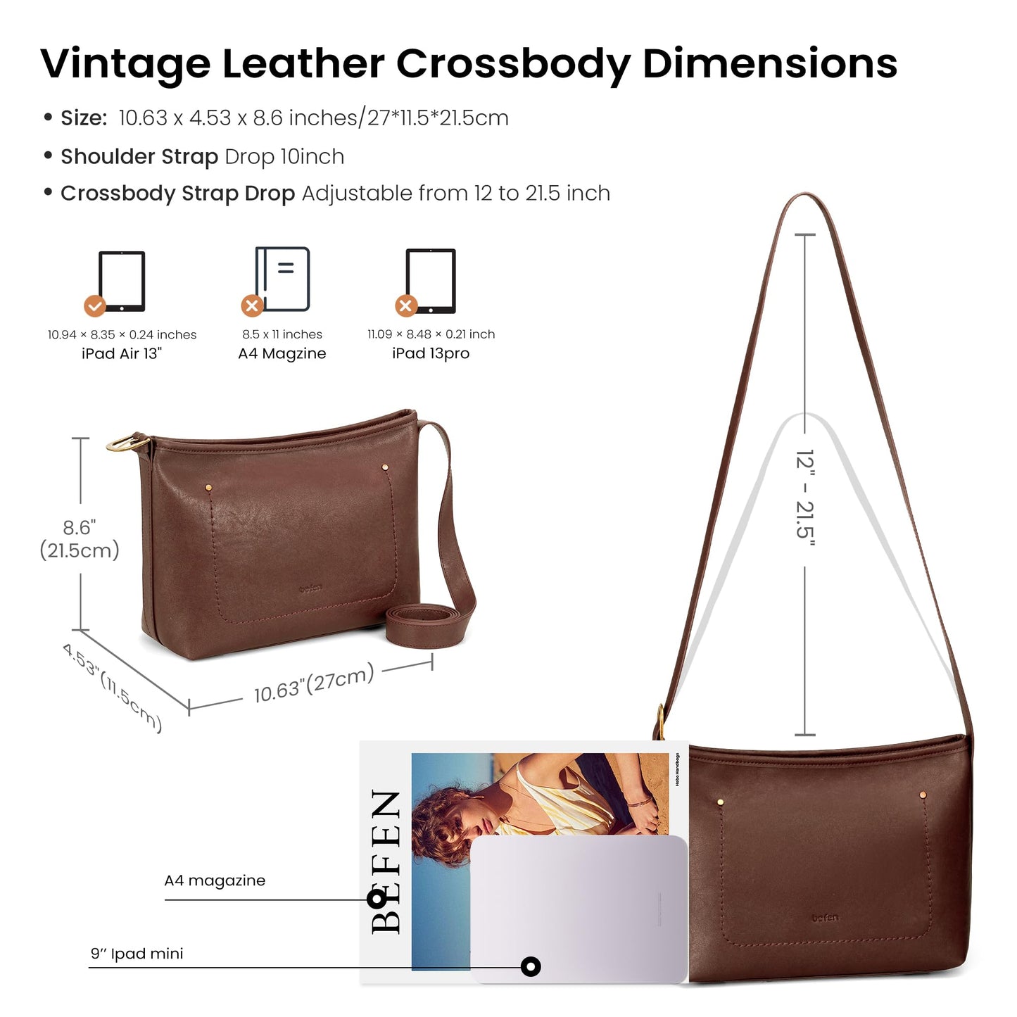 befen Genuine Leather Crossbody Bags for Women Brown Shoulder Bag Soft Leather Purse for Women Medium Size Shoulder Bag with 7 RFID Blocking Card Slot Hobo Crossbody Bags with Adjustable Strap