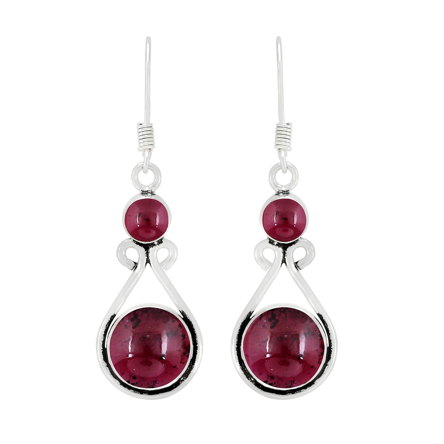 Natural Garnet Silver Plated Dangle Earrings for Women - Januray Birthstone Round Gemstones Drop Earrings Handmade Jewelry - Wedding Christmas Gift for Her