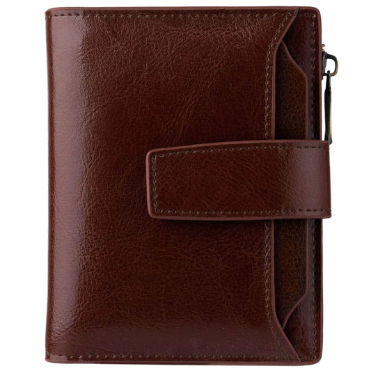 Bveyzi Women's Small Leather RFID Blocking Bifold Zipper Pocket Wallet Ladies Credit Card Slots Purse with id Window(Coffee)