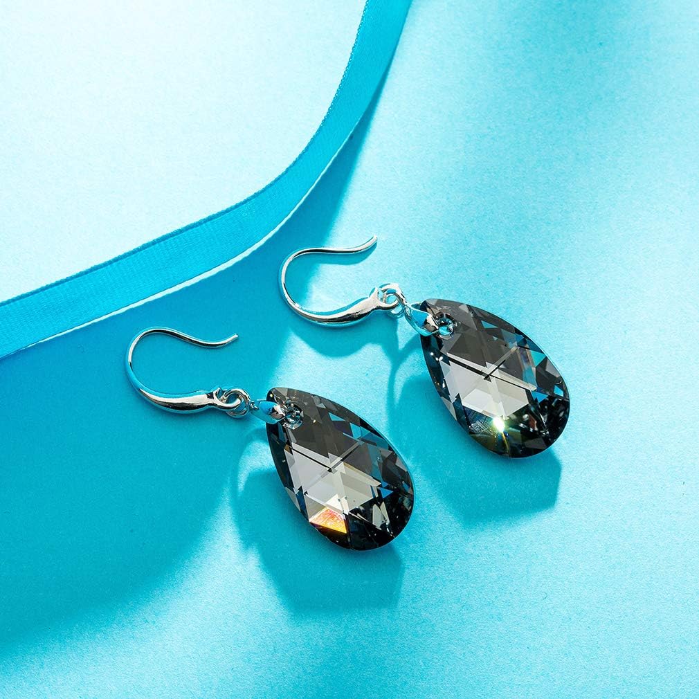 Austrian Crystal Teardrop Dangle Hook Earrings for Women 14K Gold Plated Hypoallergenic Jewelry (Grey-Black)