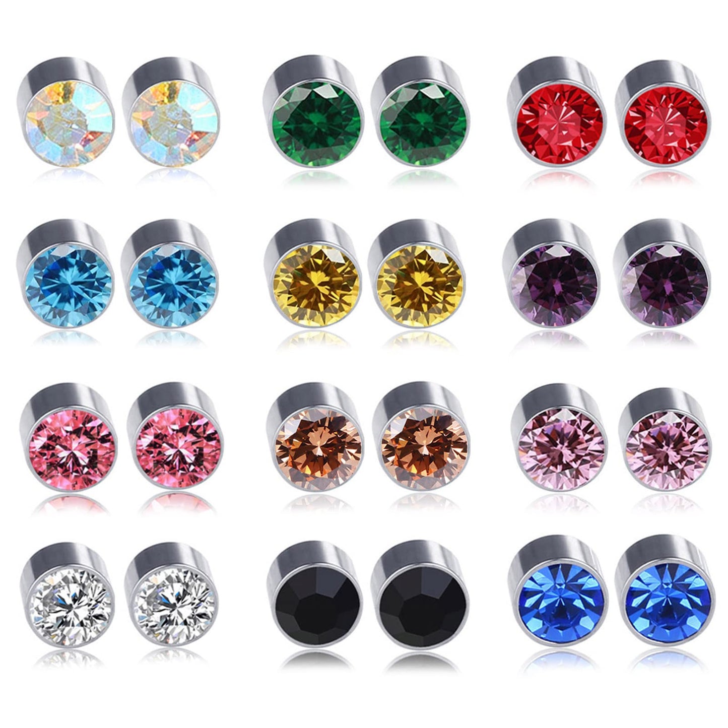 Spiritlele 12 Pairs AB Rhinestone Magnetic Earrings Clip on Non Piercing Earrings Set for Women 6MM