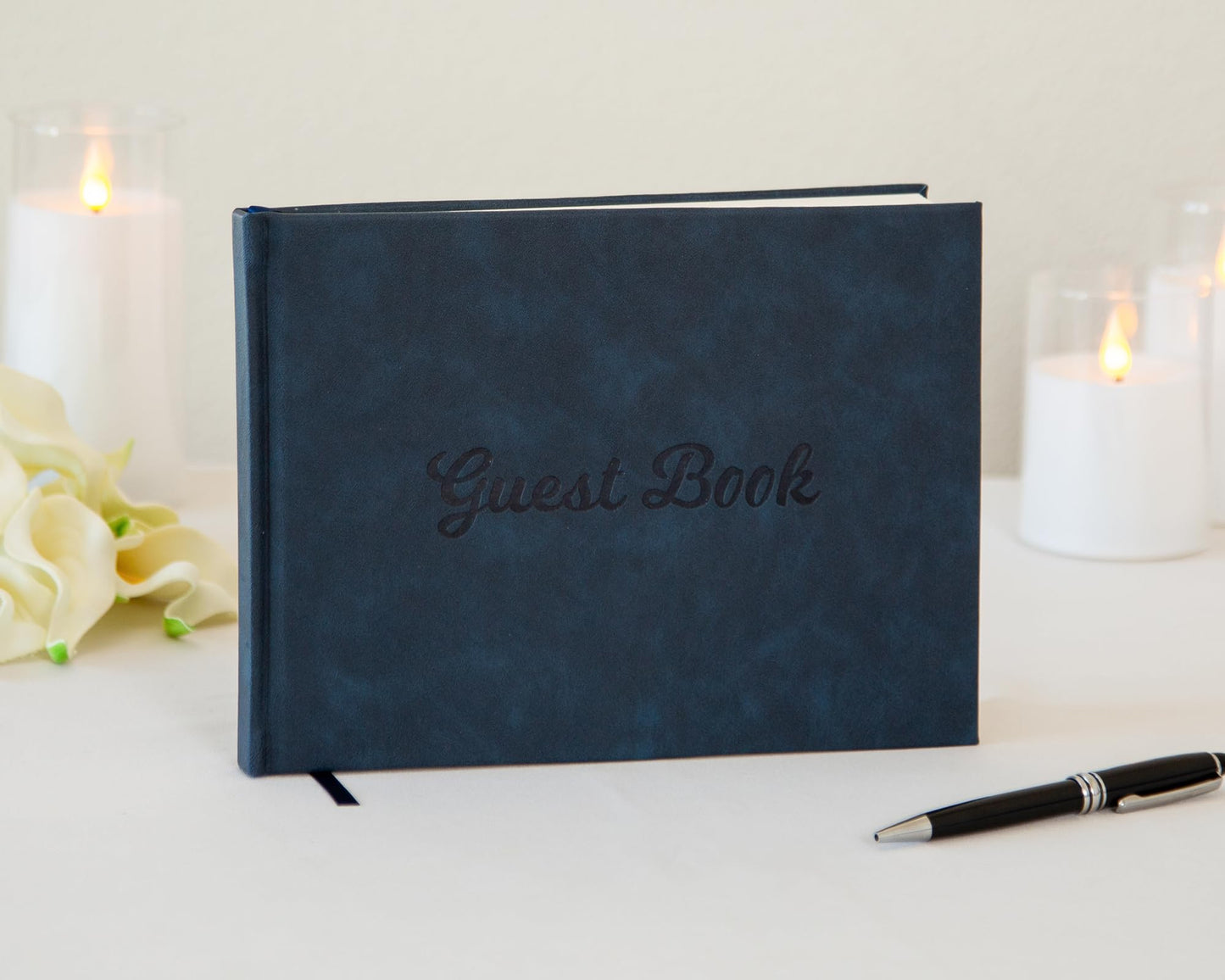 Modern Album Designs Navy PU Leather Guest Book - 9.5 x 7 Embossed Guestbook with Name Address Message Lines for Wedding Funeral Retirement Party, 140 GSM Paper, 120 Pages