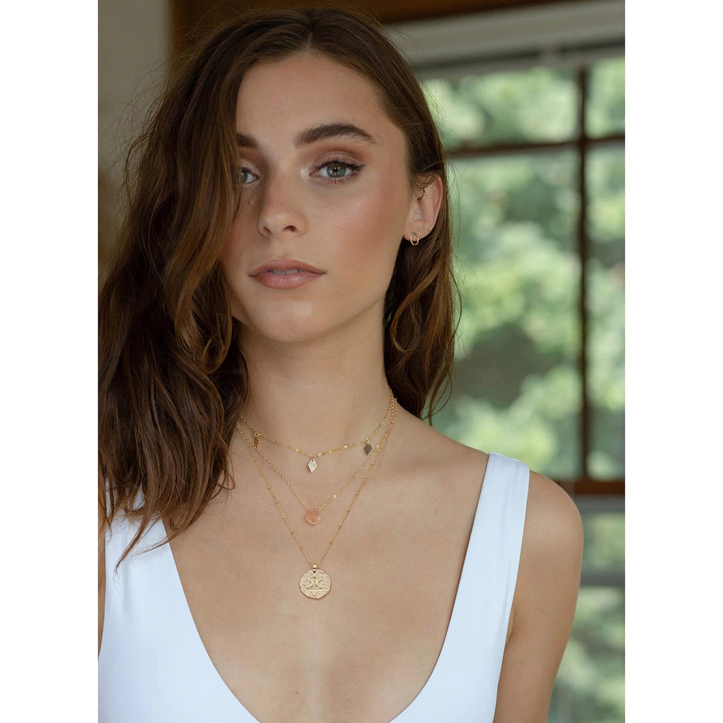 CANEVINKA 18K Gold Plated Moon and Star Medallion Beach Starfish Pendant Necklace for Women Dainty Hammered Coin Bead Chain Necklace 20”