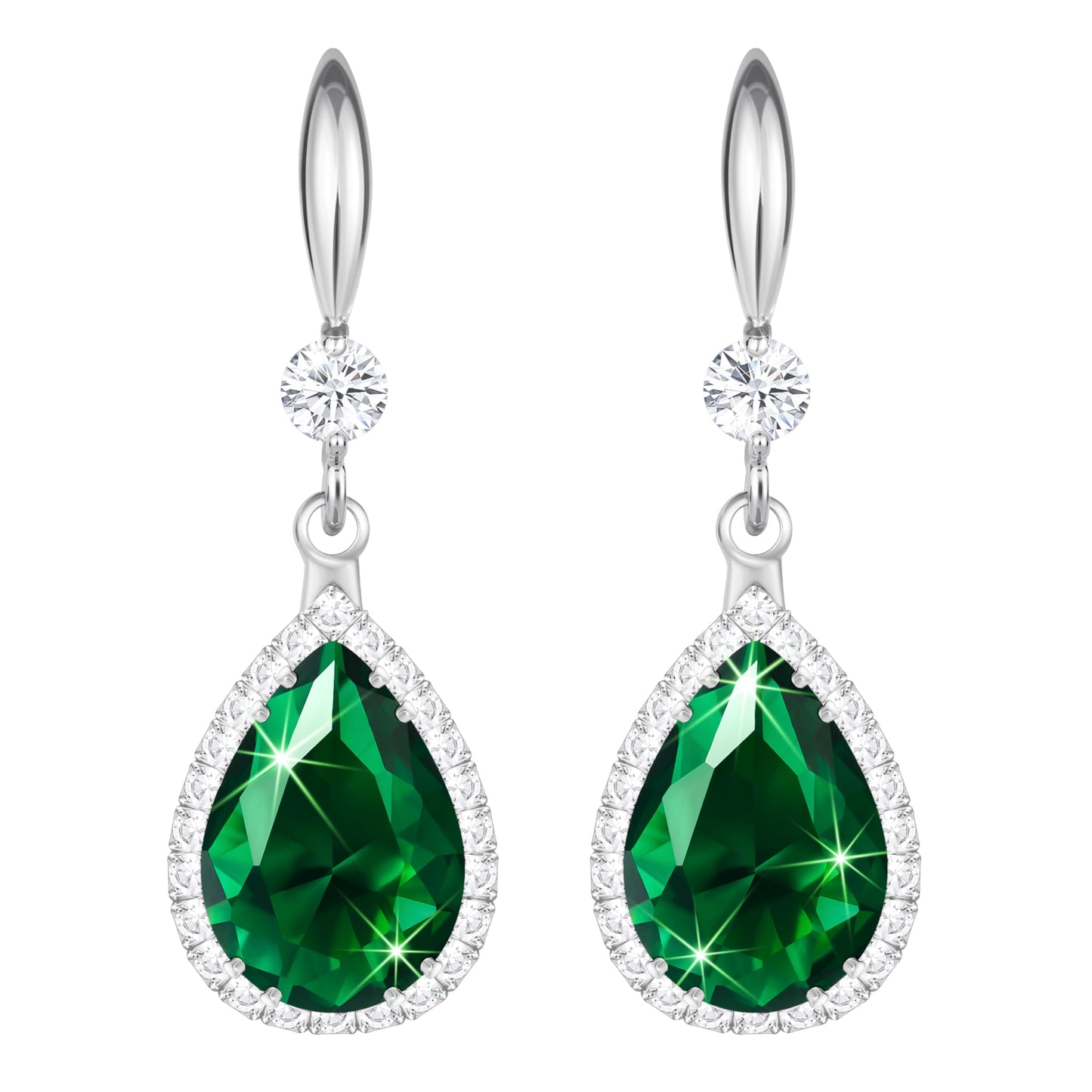 Linawe Silver Emerald Green Earrings, Imitation Diamond Dangle Rhinestone Cubic Zirconia Crystal Drop Earrings for Women, Teardrop Birthstone Drop Earrings, Wedding Jewelry Set