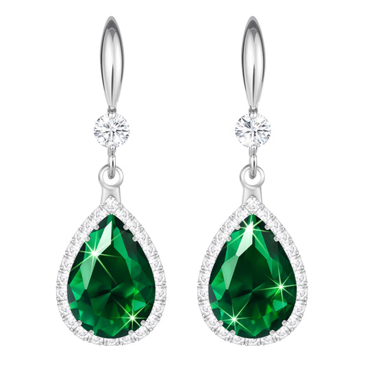 Linawe Silver Emerald Green Earrings, Imitation Diamond Dangle Rhinestone Cubic Zirconia Crystal Drop Earrings for Women, Teardrop Birthstone Drop Earrings, Wedding Jewelry Set