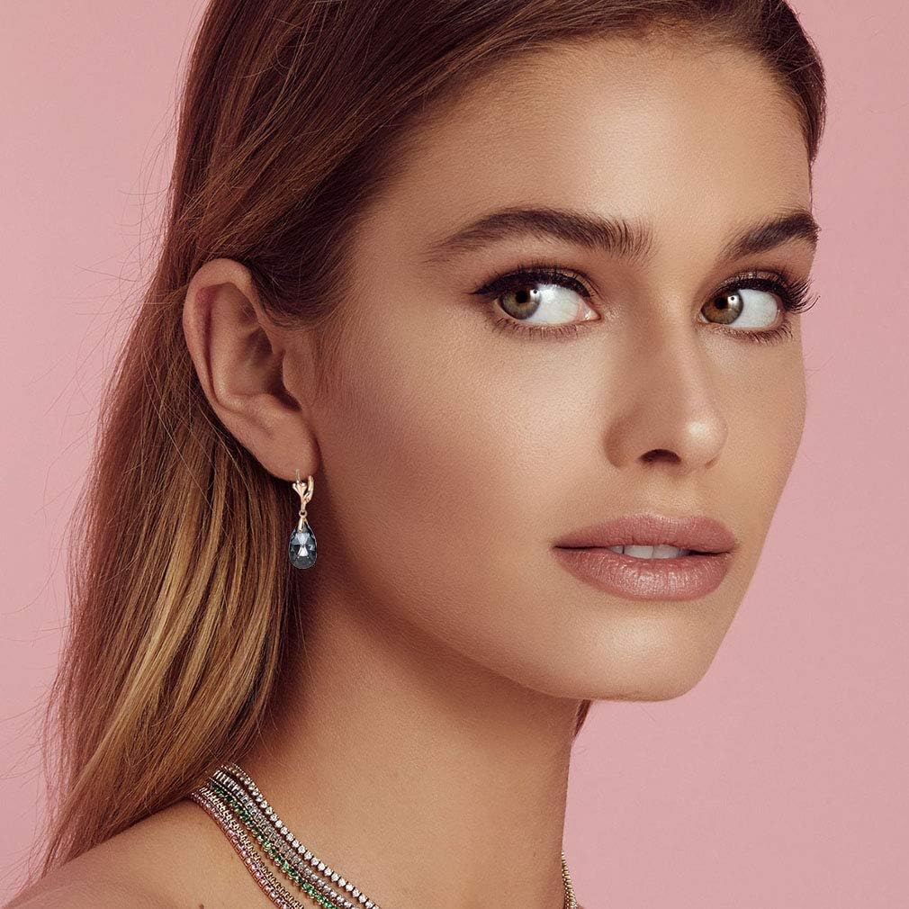 Austrian Crystal Teardrop Leverback Dangle Earrings for Women Fashion 14K Gold Plated Hypoallergenic Jewelry (Black)