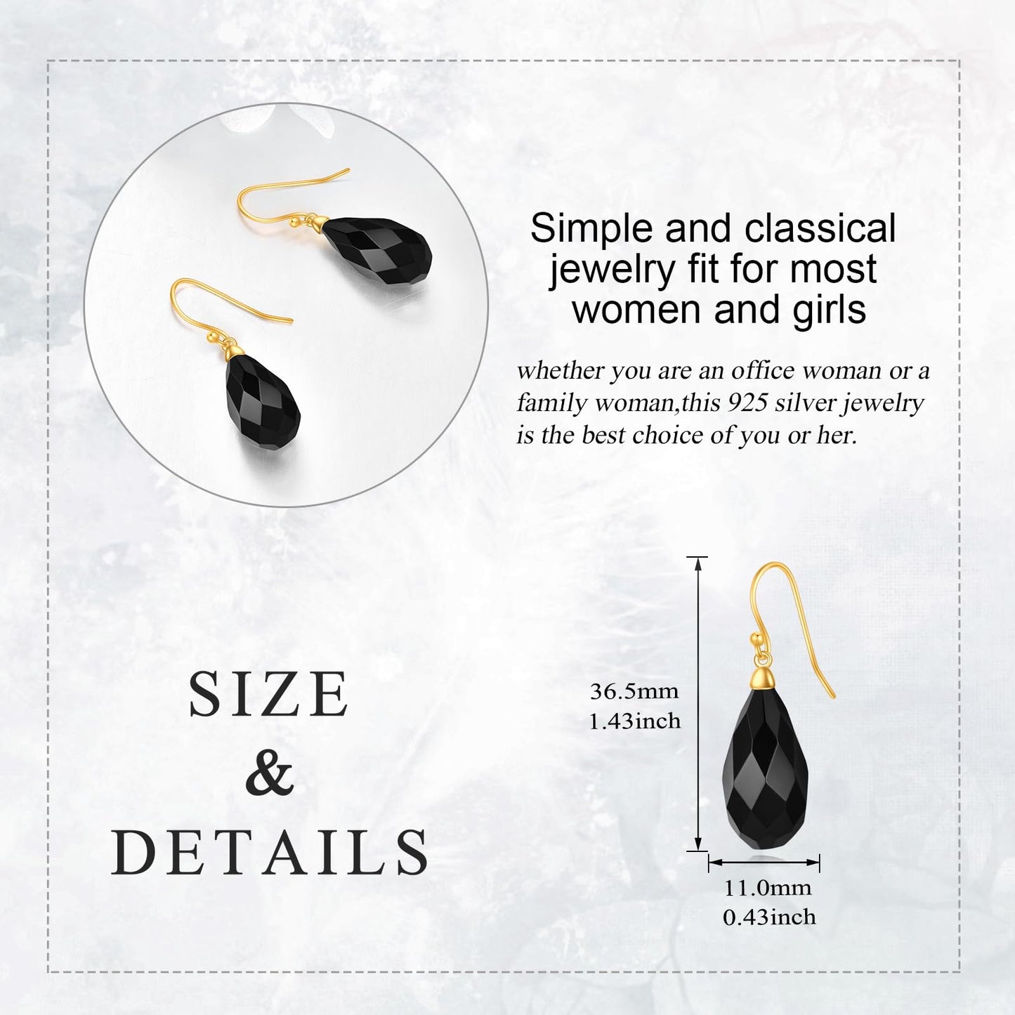 Black Onyx Drop Dangle Earrings for Women Sterling Silver 18K Yellow Gold Plated Black Onyx Dangle Earrings Jewelry Gifts