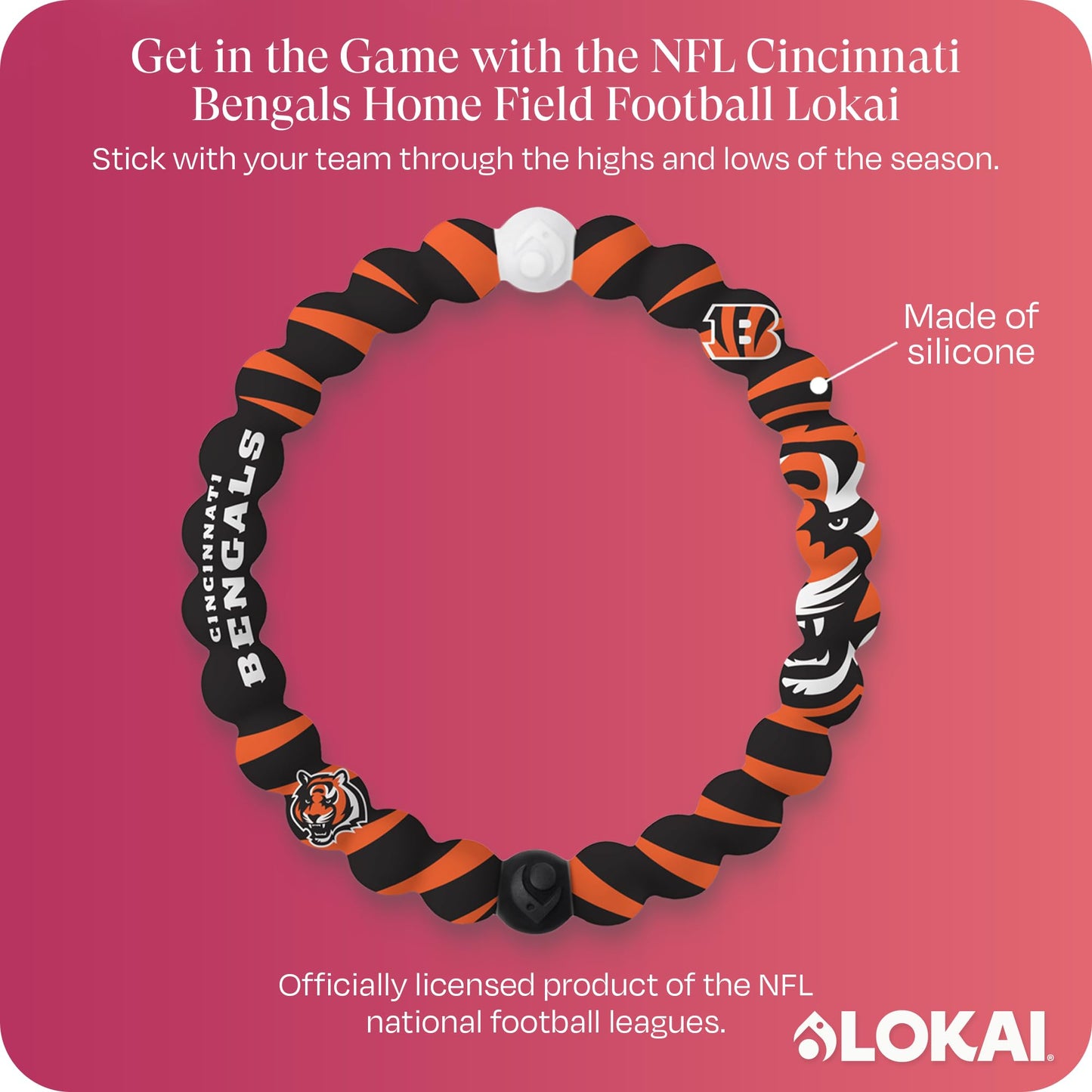 Lokai NFL Football Collection Silicone Beaded Bracelet, Cincinnati Bengals Home Field (Medium) - Beaded Bracelet for Women & Men, Silicone Jewelry Fashion Bracelet Slides-On for Comfortable Fit