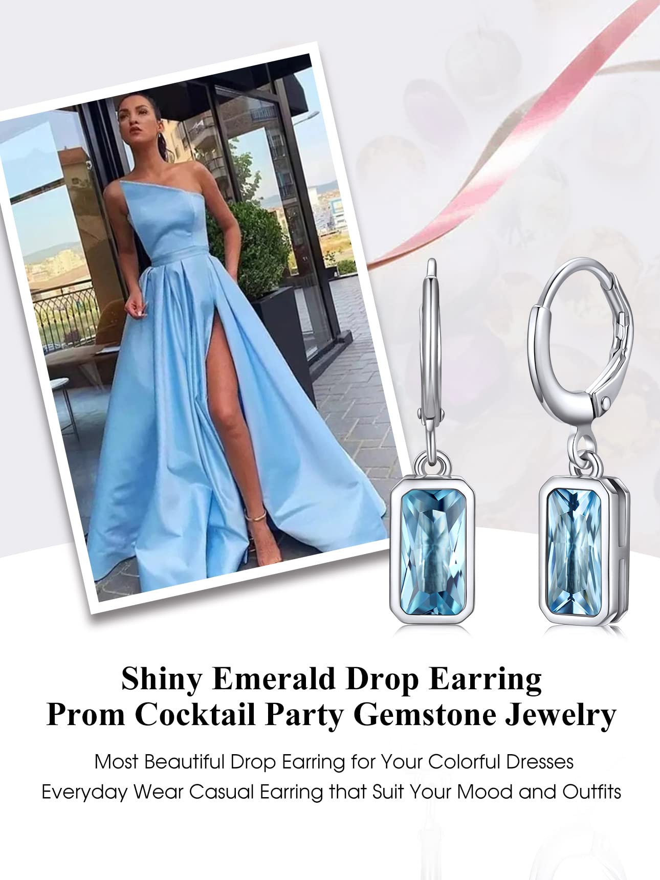 Bestyle Silver March Birthstone Hoop Dangle Earrings - Created Rectangle Aquamarine Crystal Drop Blue Earrings - Trendy Cute Women's Small Hoop CZ Dangle Earrings for Party Gowns