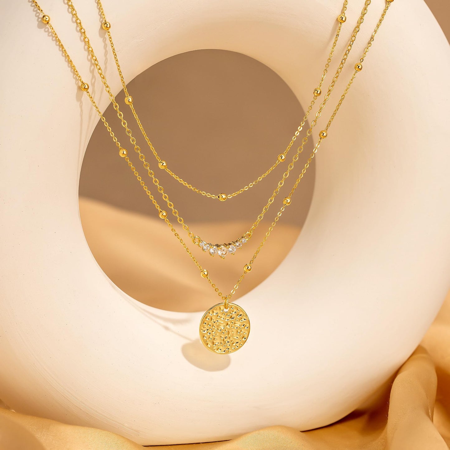 CHESKY 14K Gold Plated Layered Necklaces for Women,Stackable Dainty CZ Bar Disc Pendant Necklace Adjustable Layering Beads Chain Choker Necklace Jewelry Gifts