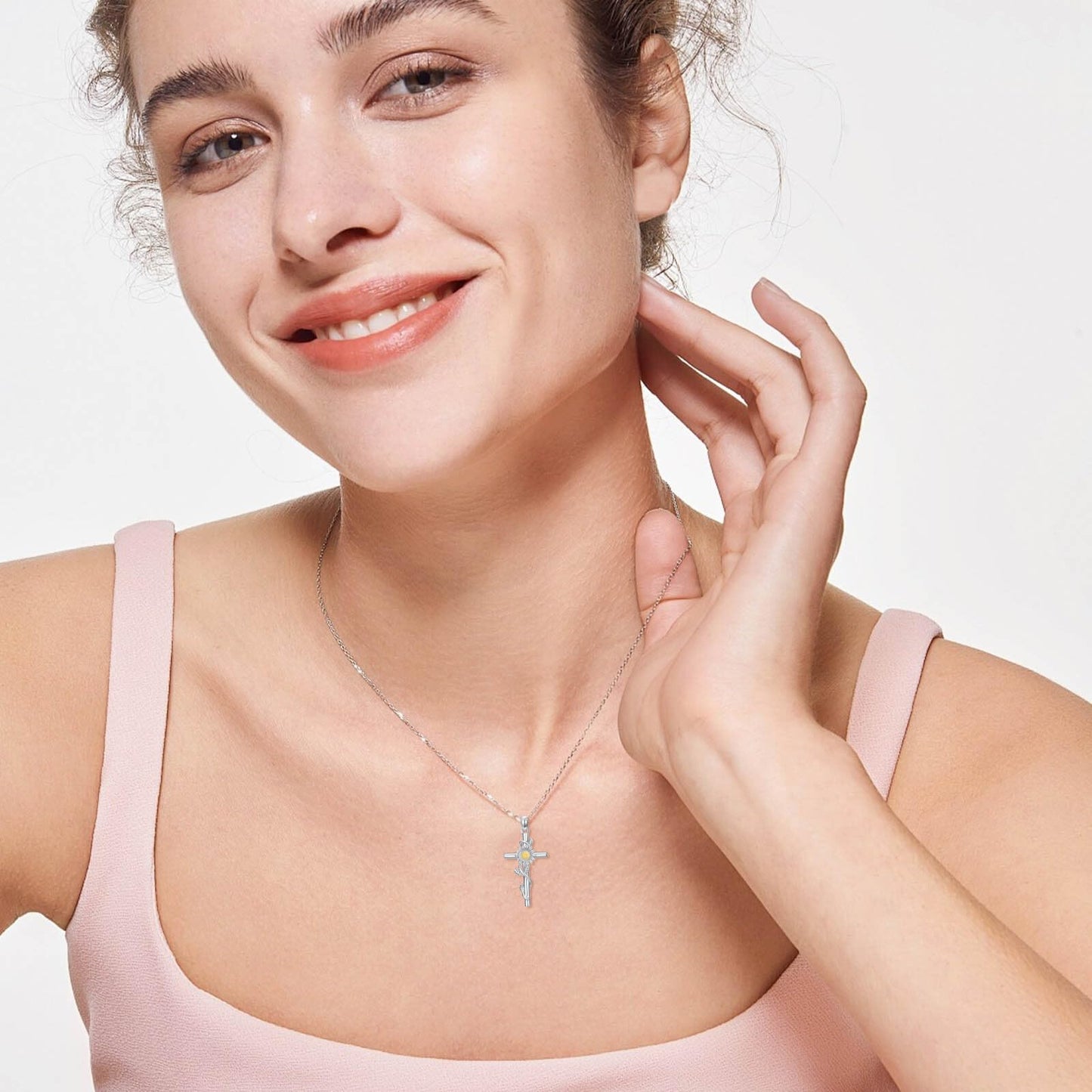 YYB Daisy Cross Necklace 925 Sterling Silver Daisy Gifts for Women Dainty Silver Cross Necklace Christian Religious Gifts for Women Mothers Day Gifts