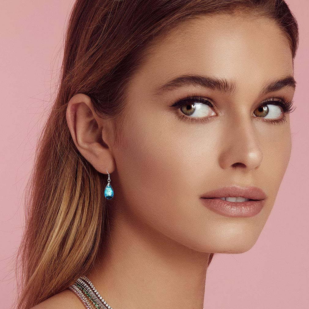 Austrian Crystal Teardrop Dangle Earrings for Women Drop Hook Earring 925 Sterling Silver Hypoallergenic Jewelry (Bermuda Blue)