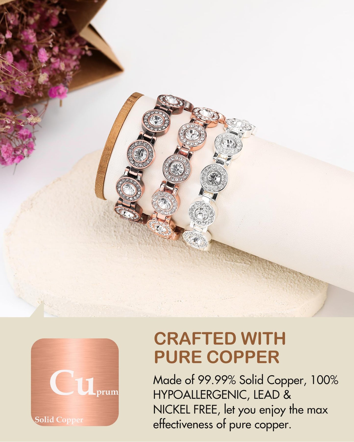 Feraco Pure Copper Bracelets for Women, 4X Ultra Strength Magnetic Bracelet with 3800 Gauss Neodymium Magnets & Dazzling Austrian Cut Crystals Stone, Adjustable Jewelry Gift (Sparkle Sphere - Rose Gold)