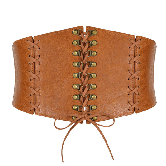 LEACOOLKEY Women’s Wide Corset Belt Vintage Elastic Waist Belt for Dresses Halloween Costume Brown