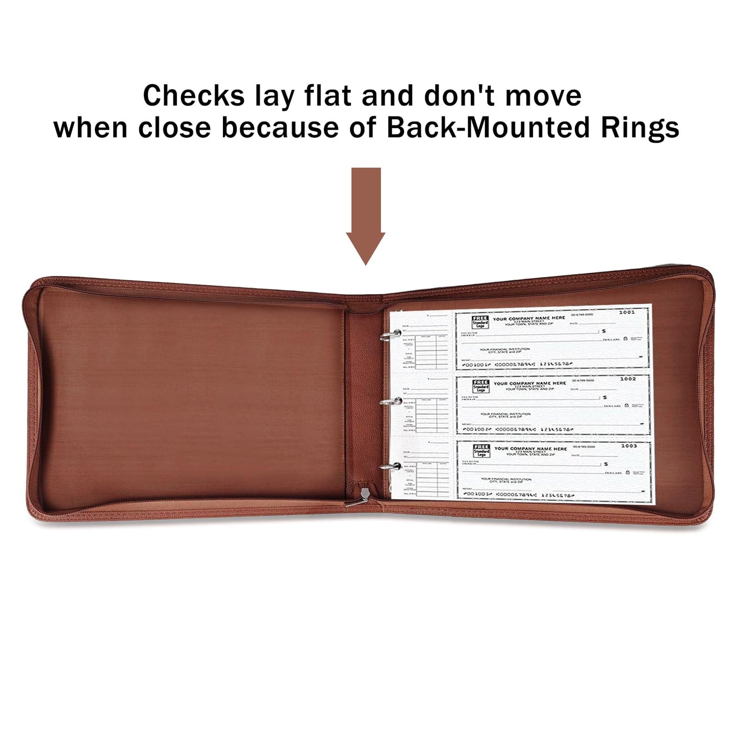 LLi Cufite 3 Rings Check Binder for End-Stub Deskbook Checks, Zipper Business Check Binder, 3 on a Page, Fit 3 & 9 Holes Check Faux Leather (Brown)