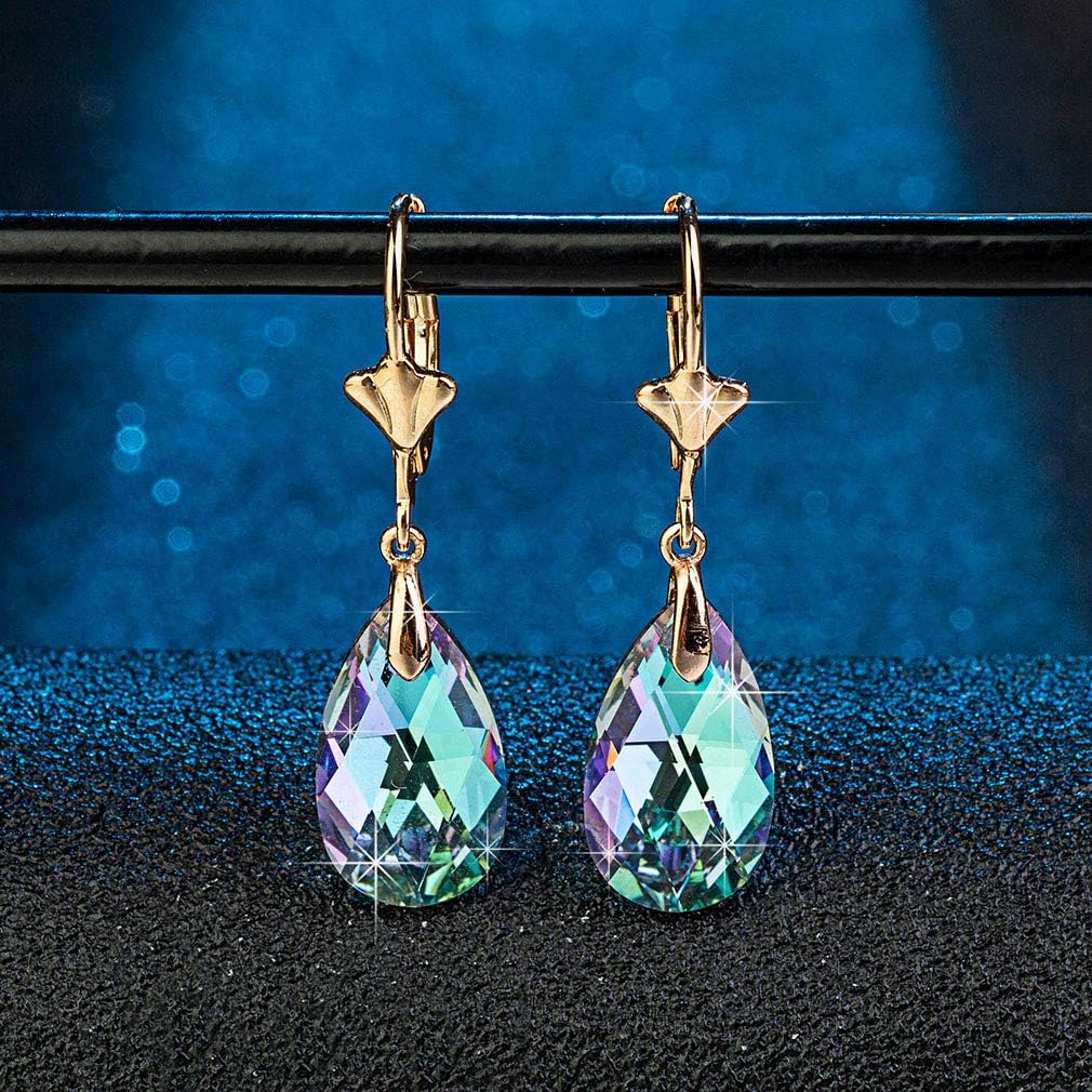 Austrian Crystal Teardrop Leverback Dangle Earrings for Women Fashion 14K Gold Plated Hypoallergenic Jewelry (Vitrail Light)