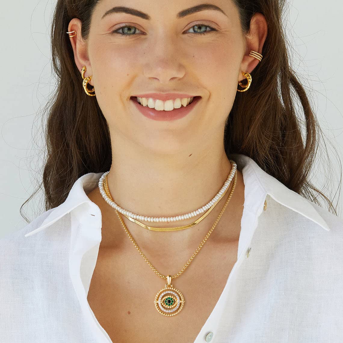 NUZON Cubic Zirconia Evil Eye Pendant Necklace for Women 18K Gold Box Chain Necklace Round Charm Lucky Faith Amulet Protection Jewelry 18’’