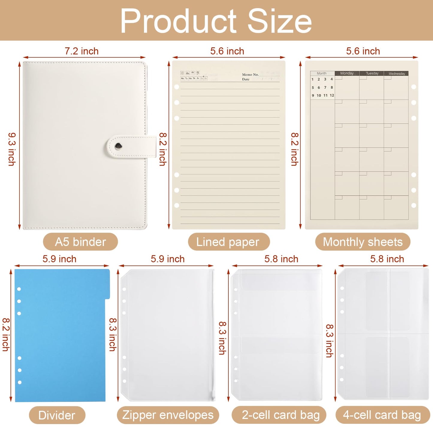 A5 6 Ring Planner Binder - Refillable PU Leather Notebook Organizer with 80 Line Sheets, Monthly Sheets, Plastic Pockets and Dividers, Beige
