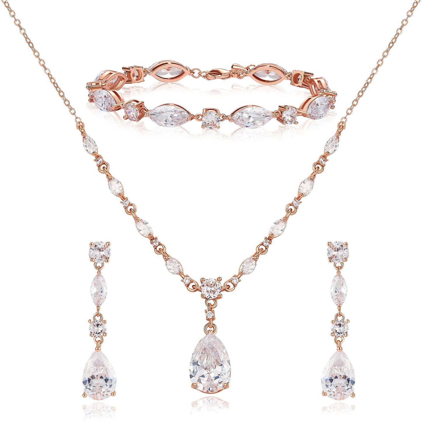 SWEETV Bridal Jewelry Set for Wedding, Cubic Zirconia Necklace Dangle Drop Earrings Bracelet Set, Teardrop Marquise Brides Bridesmaids Wedding Prom Anniversary Jewelry Gifts for Women