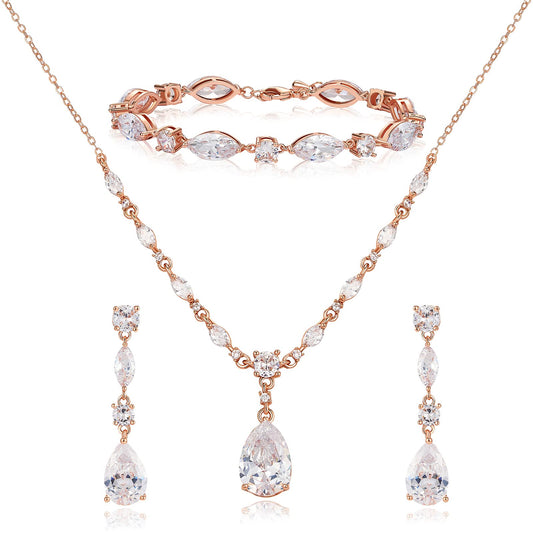 SWEETV Bridal Jewelry Set for Wedding, Cubic Zirconia Necklace Dangle Drop Earrings Bracelet Set, Teardrop Marquise Brides Bridesmaids Wedding Prom Anniversary Jewelry Gifts for Women