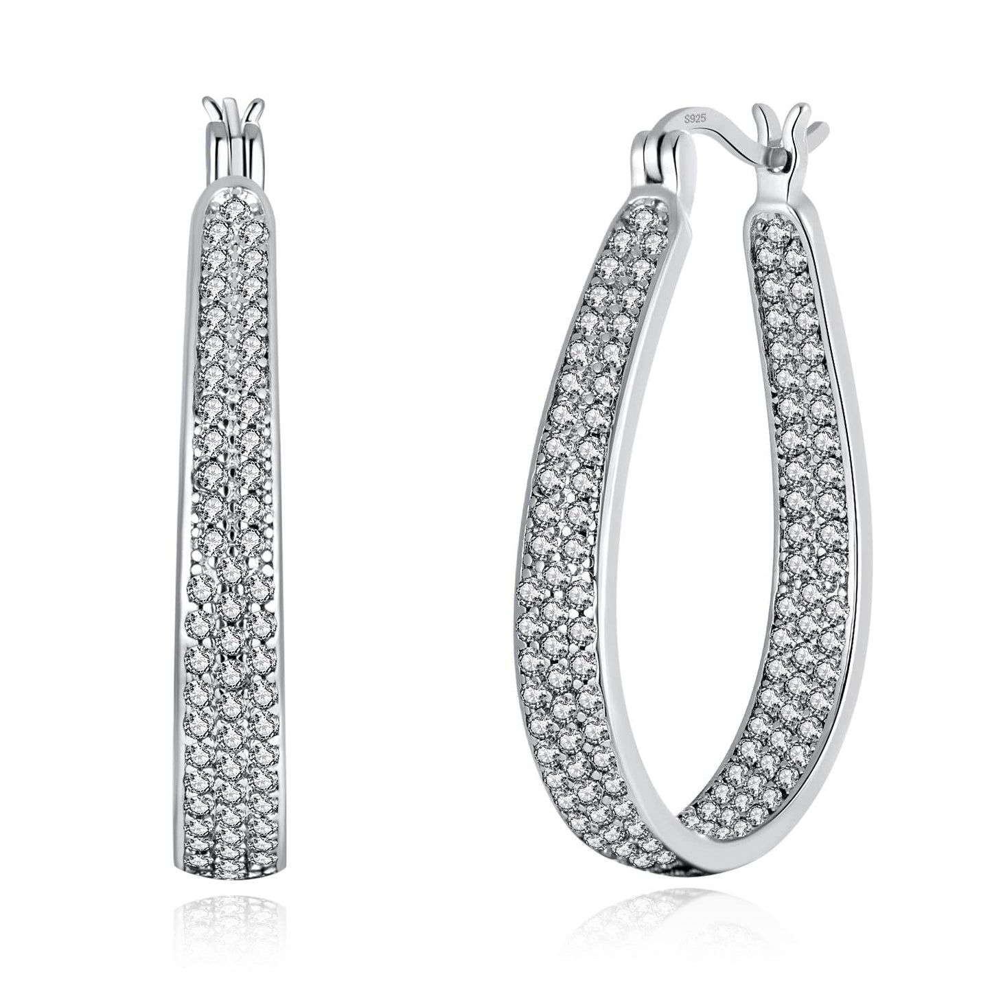 CiNily 925 Sterling Silver Post Big White Cubic Zirconia Hoop Earrings for Women Large Oval Chunky Hoop Earrings 14K White Gold Plated Gemstone Earrings