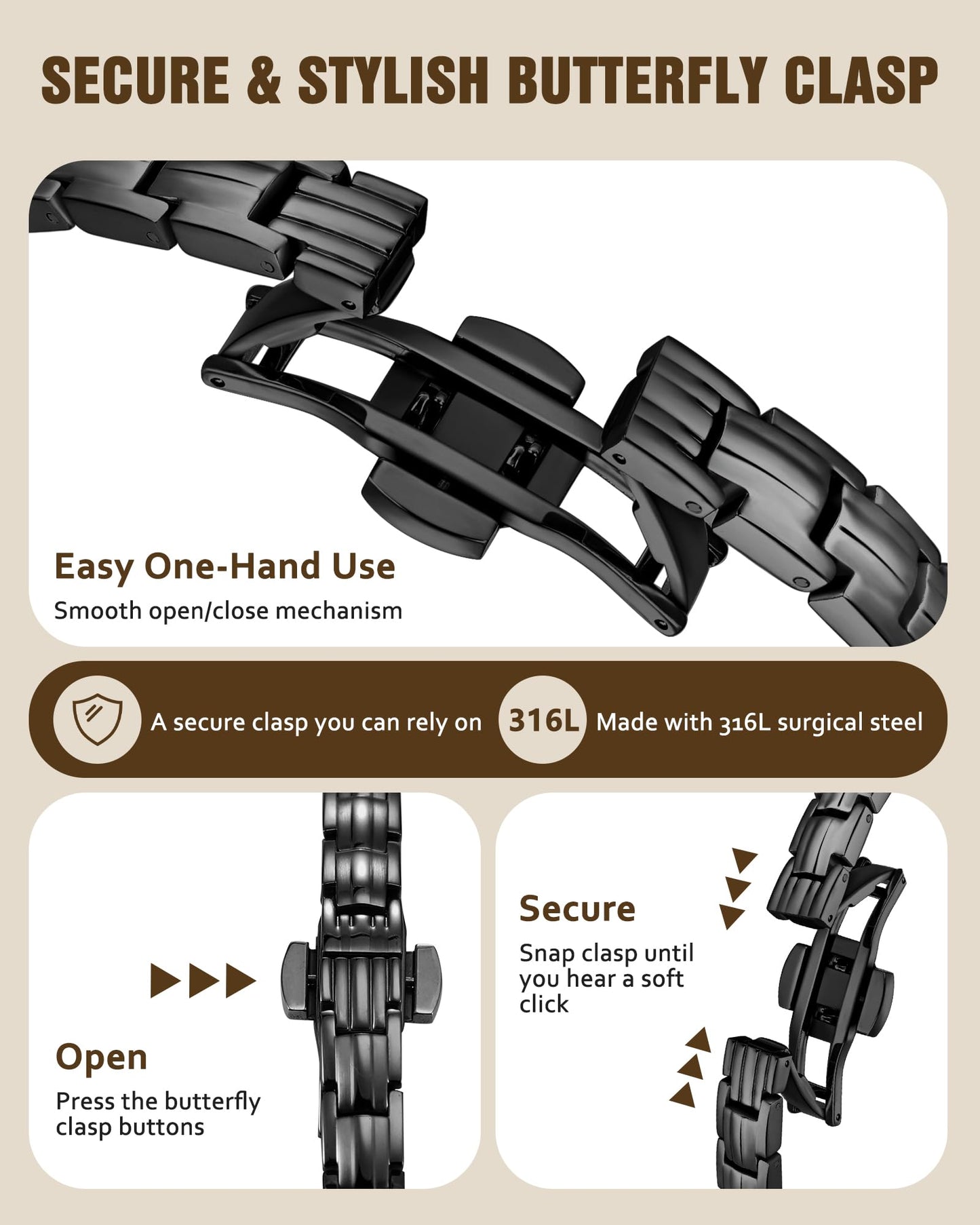 Jecanori 5X Strength Magnetic Bracelets for Women —Updated 5,000 Gauss Ellipse Magnets — Premium Butterfly Clasp & Adjustable Length,Black