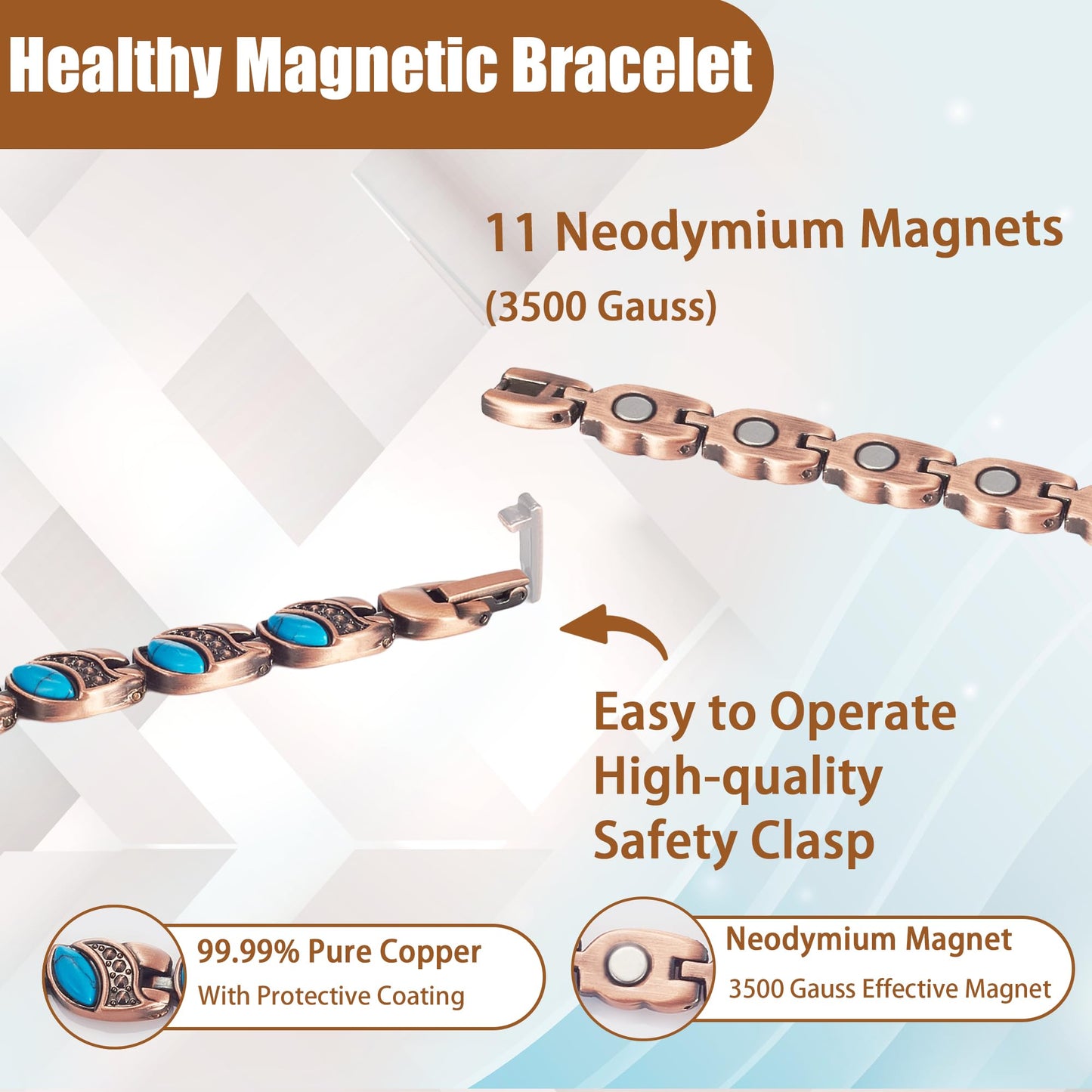 MagVIVACE Women Copper Magnetic Bracelet for Arthritis, Pure Copper Jewelry, Lymph Detox Bracelets with 3500 Gauss Magnet(C)
