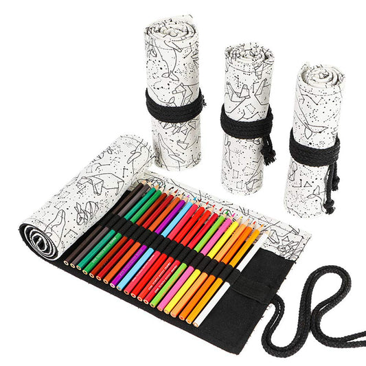 Funny live 24/36/48/72 Slots Colored Pencil Wrap Roll up Pen Holder Case Drawing Coloring Pencil Roll Organizer Stationery Case for Student Artist Traveler (Abstract Lines, 24 Slots)