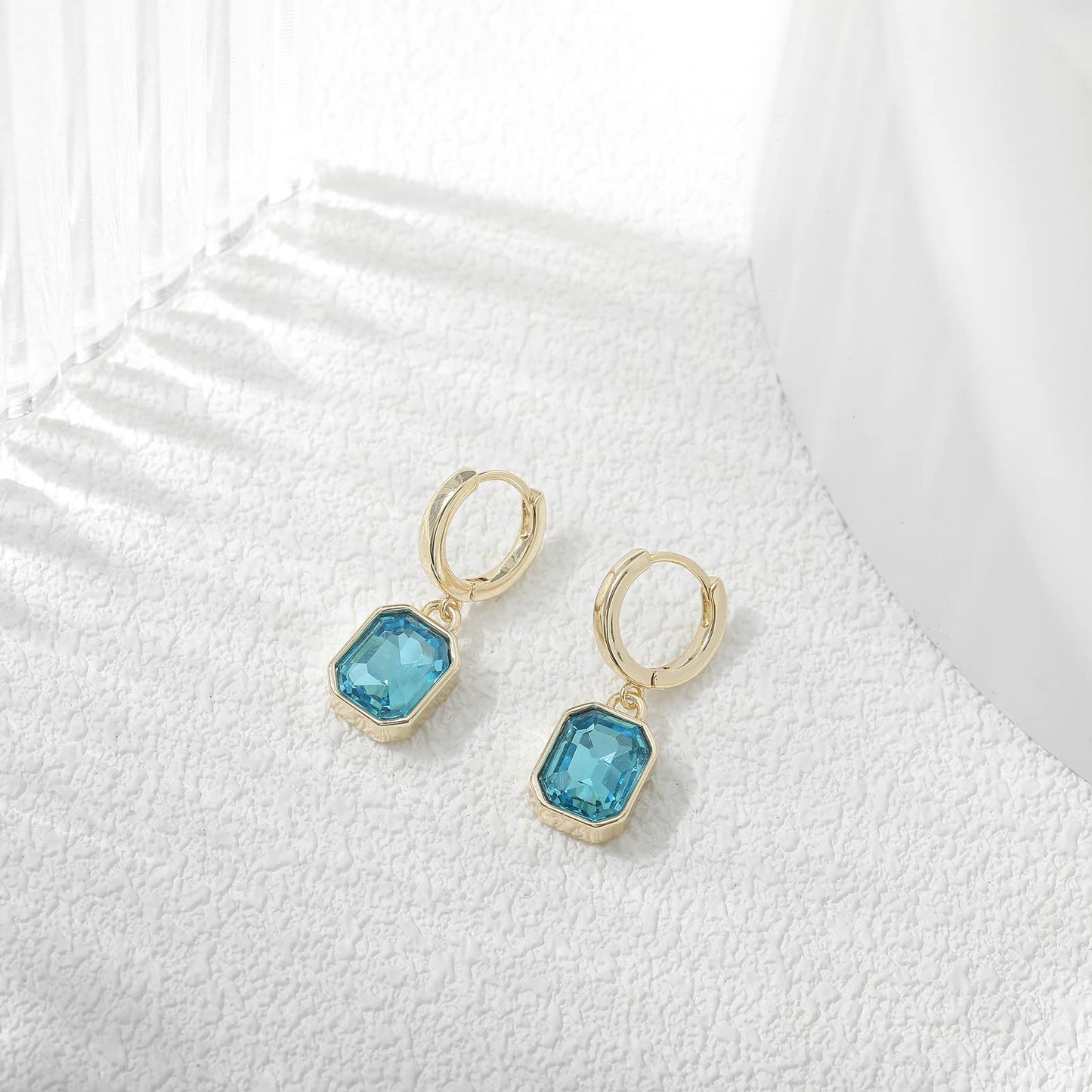 Birthstone Crystal Dangle Drop Earrings, 18K Gold Plated Huggie Hoop Hypoallergenic Earring Jewelry Gifts for Women (Blue)