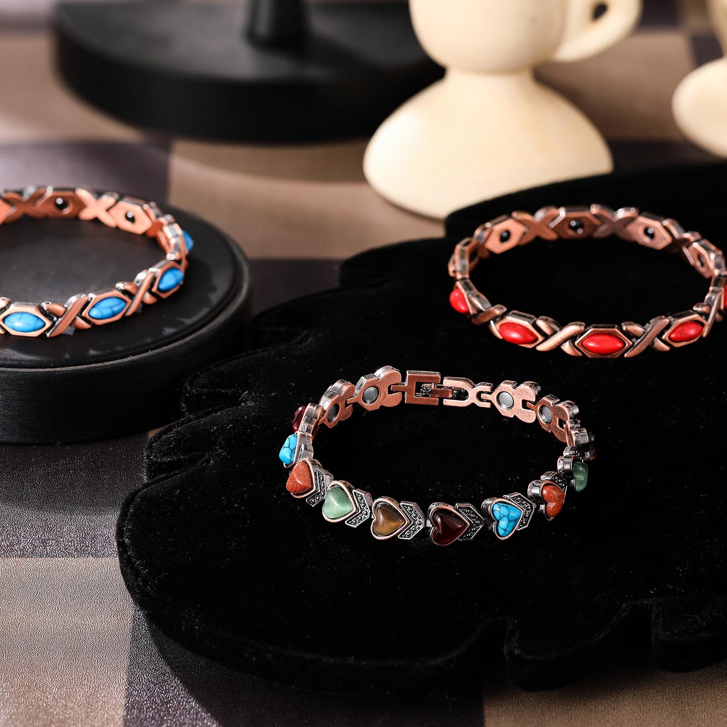 Misdary 3 Pcs Copper Magnetic Bracelets for Women Ultra Strength Magnetic Bracelet with Magnets Natural Turquoise Stones Adjustable Jewelry Gift