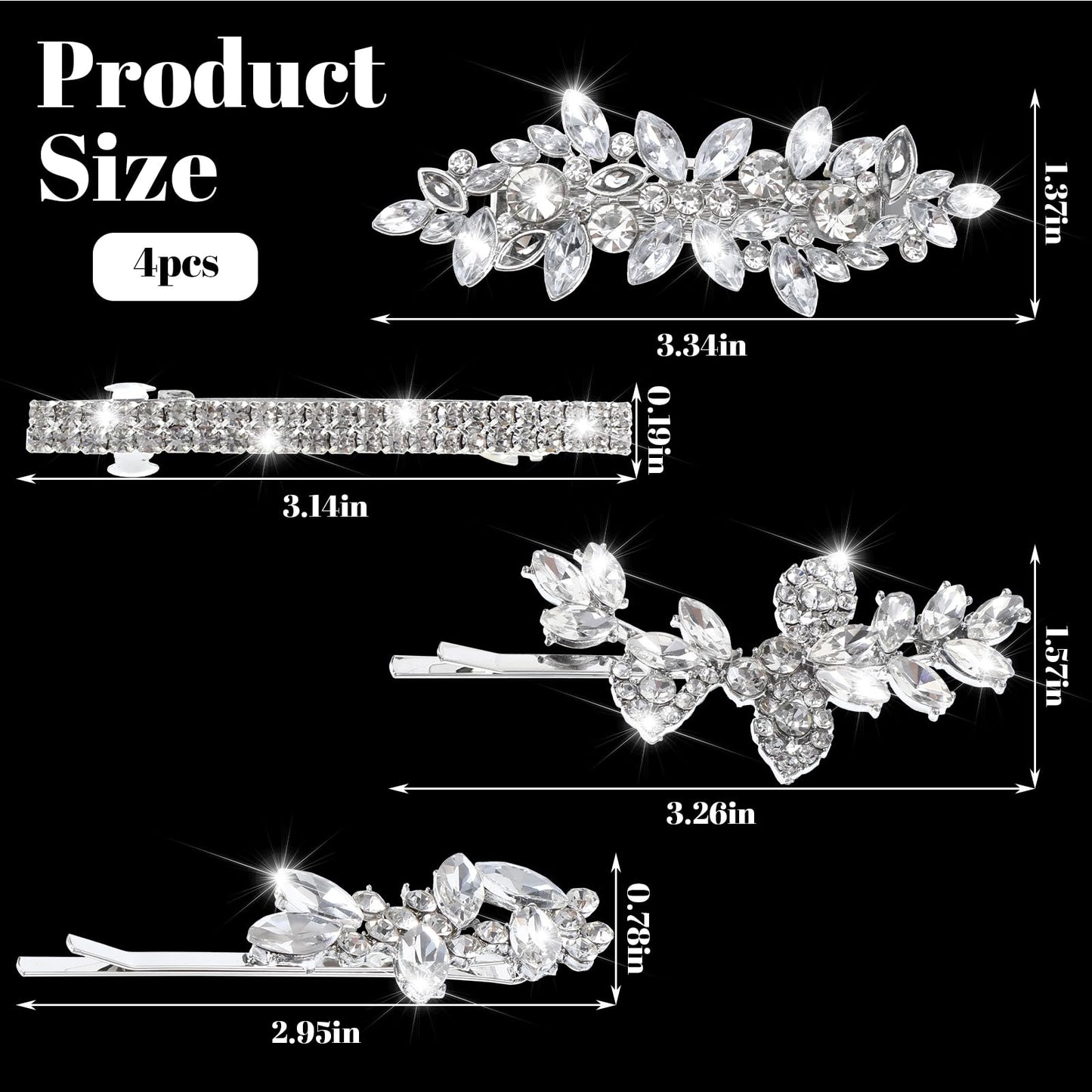 4 Pcs Rhinestone Hair Clips Silver Hair Clips Wedding Bridal Barrettes Crystal Bobby Pins Brides Jewelry Leaf Wedding Hairpins Elegant Accessories for Brides Bridesmaids Flower Girls