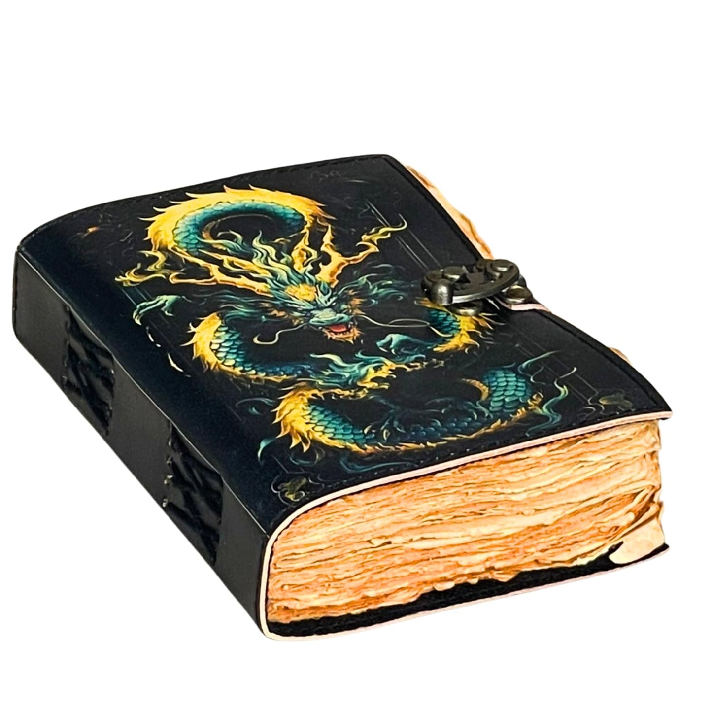 The Arcane Dragon – Handmade Antique Deckle Edge Paper Leather Journal with Embossed Dragon Cover & Lock Closure – Vintage Writing Diary, Fantasy Spell Book, Sketchbook, Gift for Writers & Artists