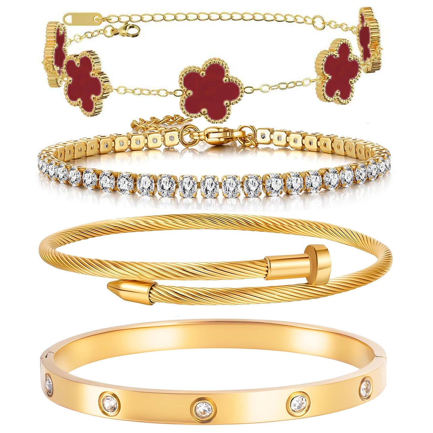 MEIERYA 18K Gold Plated Womens Stackable Floral Bracelets Set,Twisted Cable Bangle,Trendy Jewelry,Waterproof adjustable bracelet,Christmas Birthday Gifts for Girlfriend or Mother. (07-Color-red)