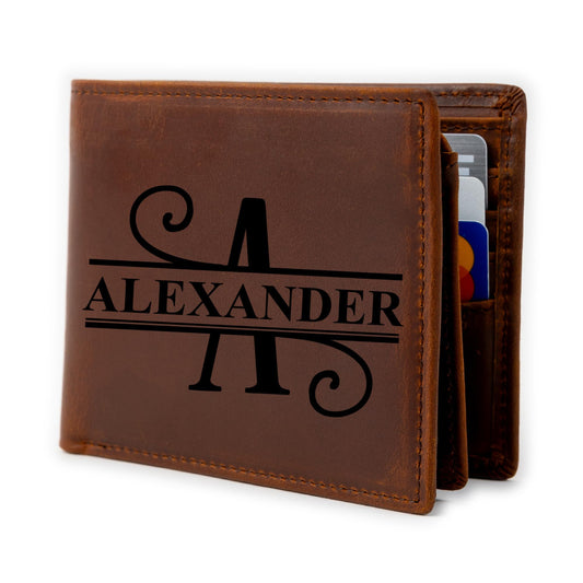 Personalized Wallet for Men | Initial Monogram Custom Engraved Genuine Leather Bifold Wallet Birthday Valentine's Day Gift for Husband Boyfriend Groomsmen Dad Grandpa (Brown)