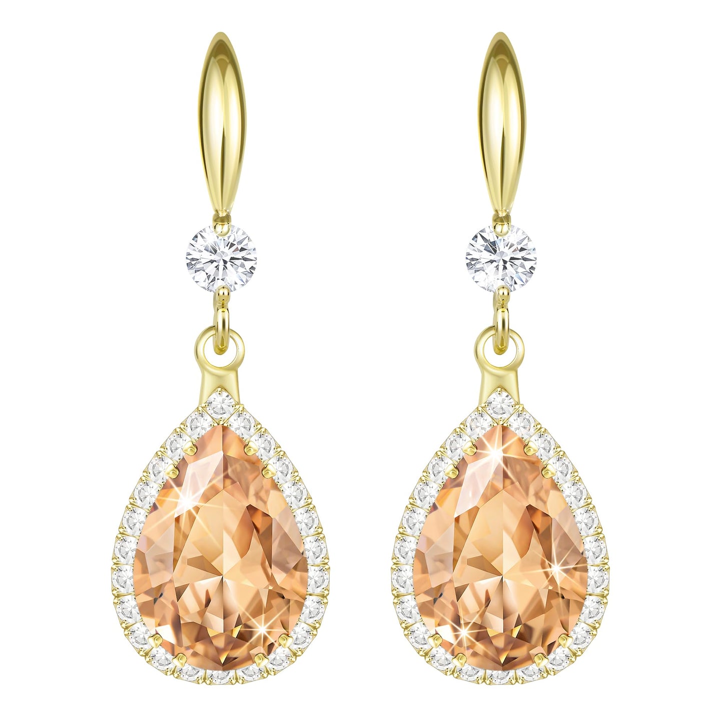 Linawe Gold Color Dangly Earrings, Champagne Cubic Zirconia Fake Diamond Drop earrings for Women, Birthstone Pear Shaped Rhinestone Fall Earrings, Formal Jewelry for Evening Wear