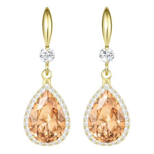 Linawe Gold Color Dangly Earrings, Champagne Cubic Zirconia Fake Diamond Drop earrings for Women, Birthstone Pear Shaped Rhinestone Fall Earrings, Formal Jewelry for Evening Wear