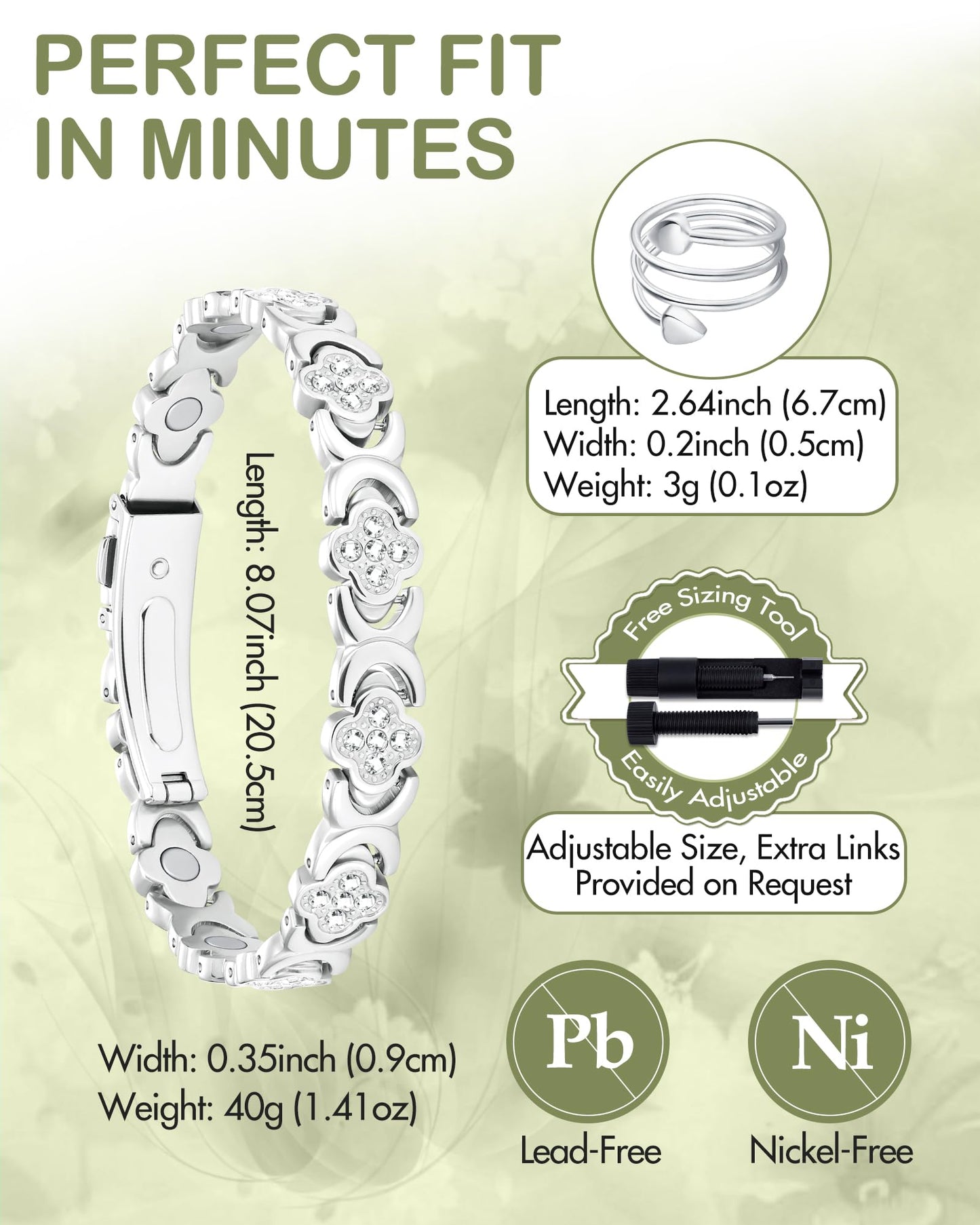 Feraco Pure Copper Bracelets & Rings for Women, Ultra Strength Magnetic Bracelet for Women with Neodymium Magnets & Sparkling Cubic Zirconia, Adjustable, Infinite Clover Jewelry (Silver)
