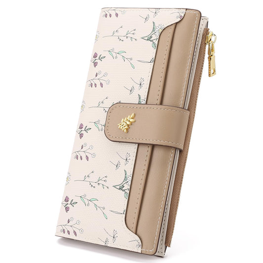 GAEKEAO Womens Wallet Slim Thin RFID Blocking Floral Vegan Leather Card Holder Bifold Long Ladies Wallet with Zipper Pocket