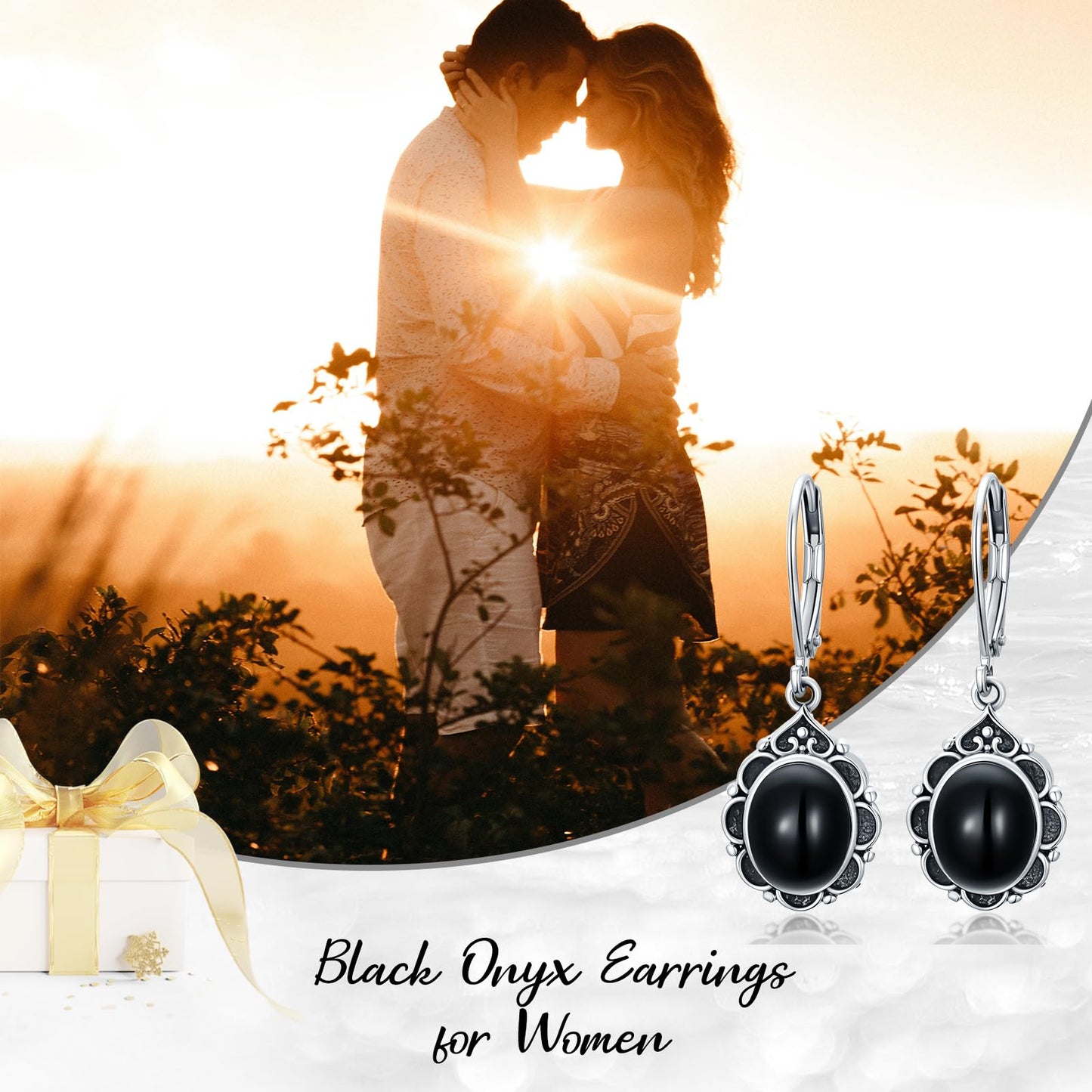 Black Onyx Earrings 925 Sterling Silver Vintage Leverback Dangle Drop Earrings for Women