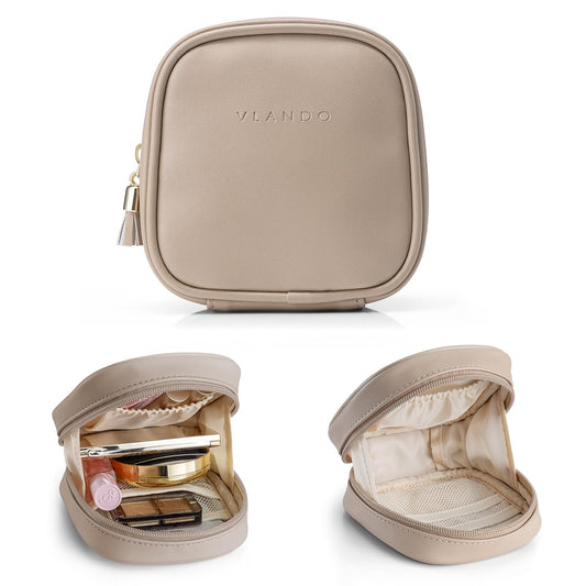 VLANDO Mini Makeup Bag, Small Makeup Bag for Purse with Slip-in Pockets, Portable Travel Toiletry Bag with Zipper, Waterproof Travel Essentials for Women - Toffee