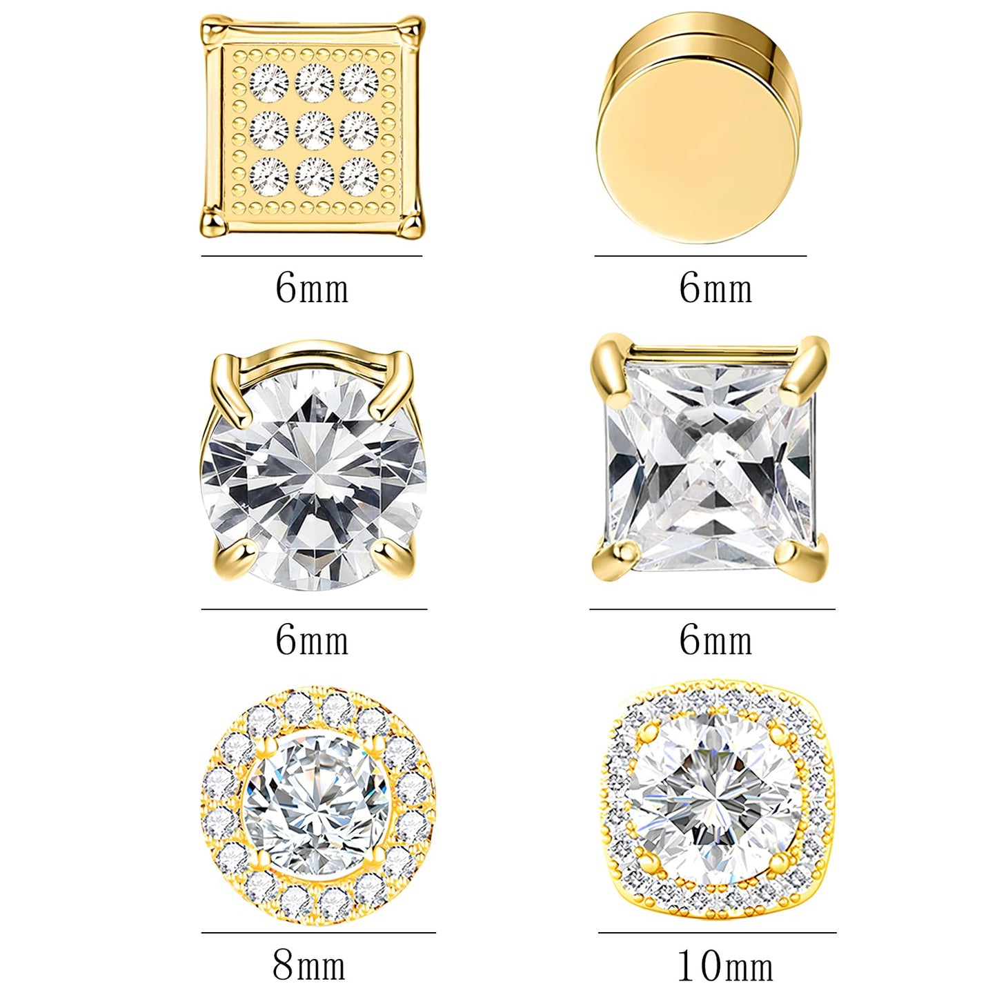 NEWITIN 6 Pairs Stainless Steel Magnetic Stud Earrings for Men Clip on Earring Magnetic Earring Unisex Non Piercing CZ Magnet Studs Diamond Earrings for Women Men