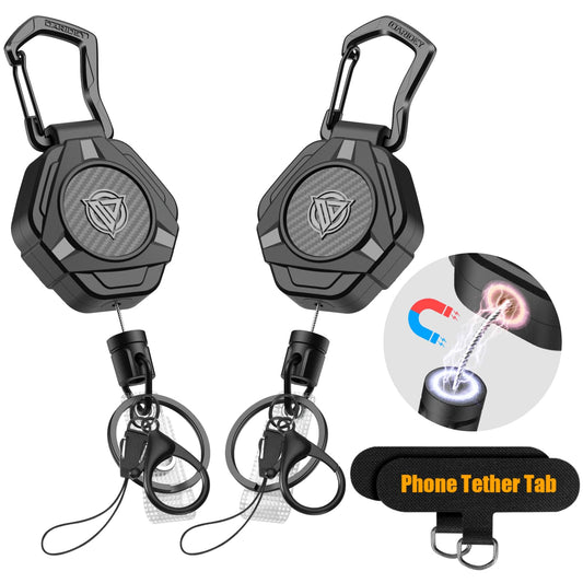 Oaridey Magnetic Retractable Keychain, Heavy Duty Carabiner Badge Holder with Phone Tether Tabs, Tactical ID Badge Reel with 31.8'' Coated Steel Cord and Lobster Clasp, Bearing 10.0 oz - 2 Pack