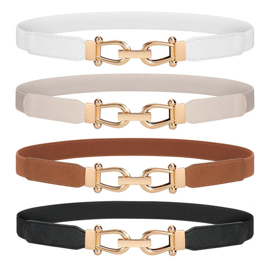 WERFORU Women Skinny Belt for Dresses Retro Stretch Waist Belt with Gold Buckle Set of 4,Black+Brown+White+Beige