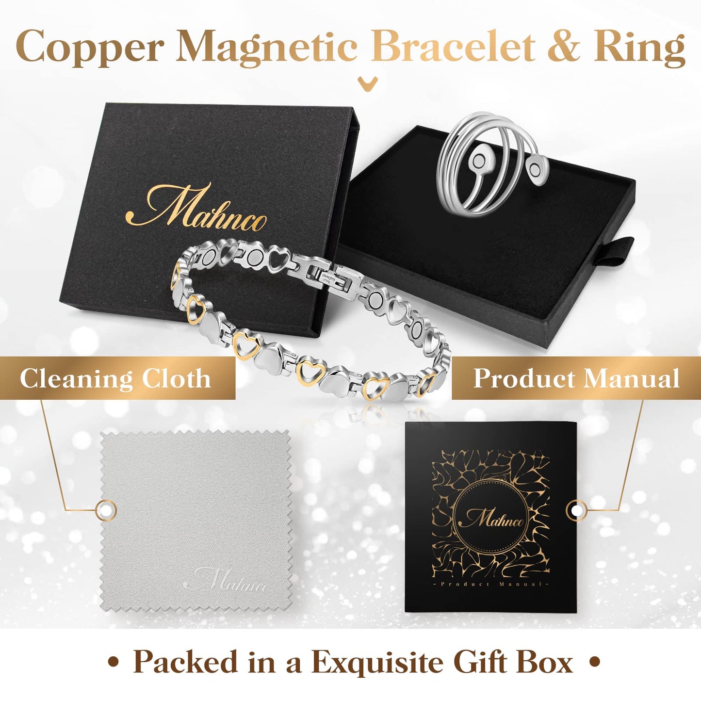Mahnco Lymph Detox Magnetic Bracelet, Titanium Bracelet for Women, Lymphatic Drainage Ring&Bracelet with 3500 Gauss Magnets-Jewelry Gift Set with Adjustment Tool