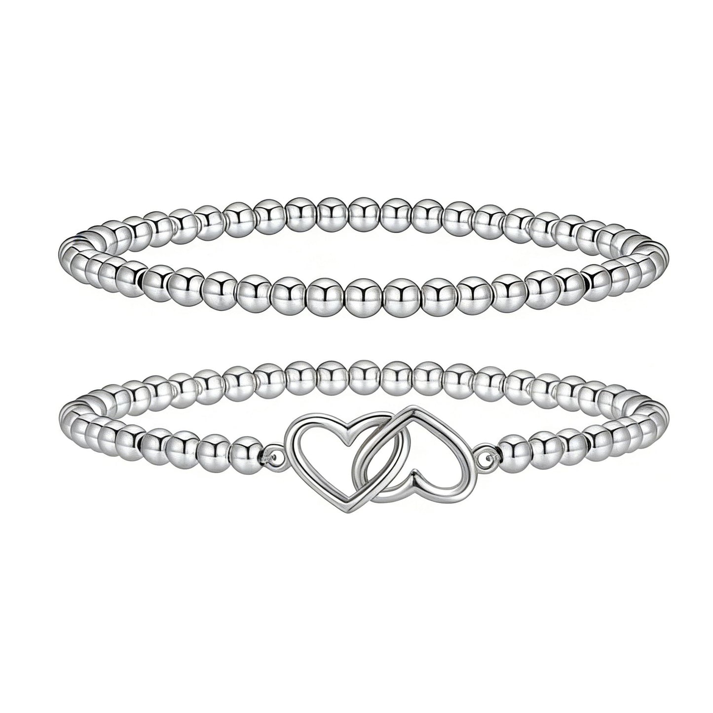 Silver Beaded Bracelets for Women 14K Silver Double-heart Bracelet Handmade Stackable Bracelets for Women Trendy Non Tarnish Bracelet Jewelry Gift for Womens 2Pcs (08.Double-heart+Beaded (Silver))