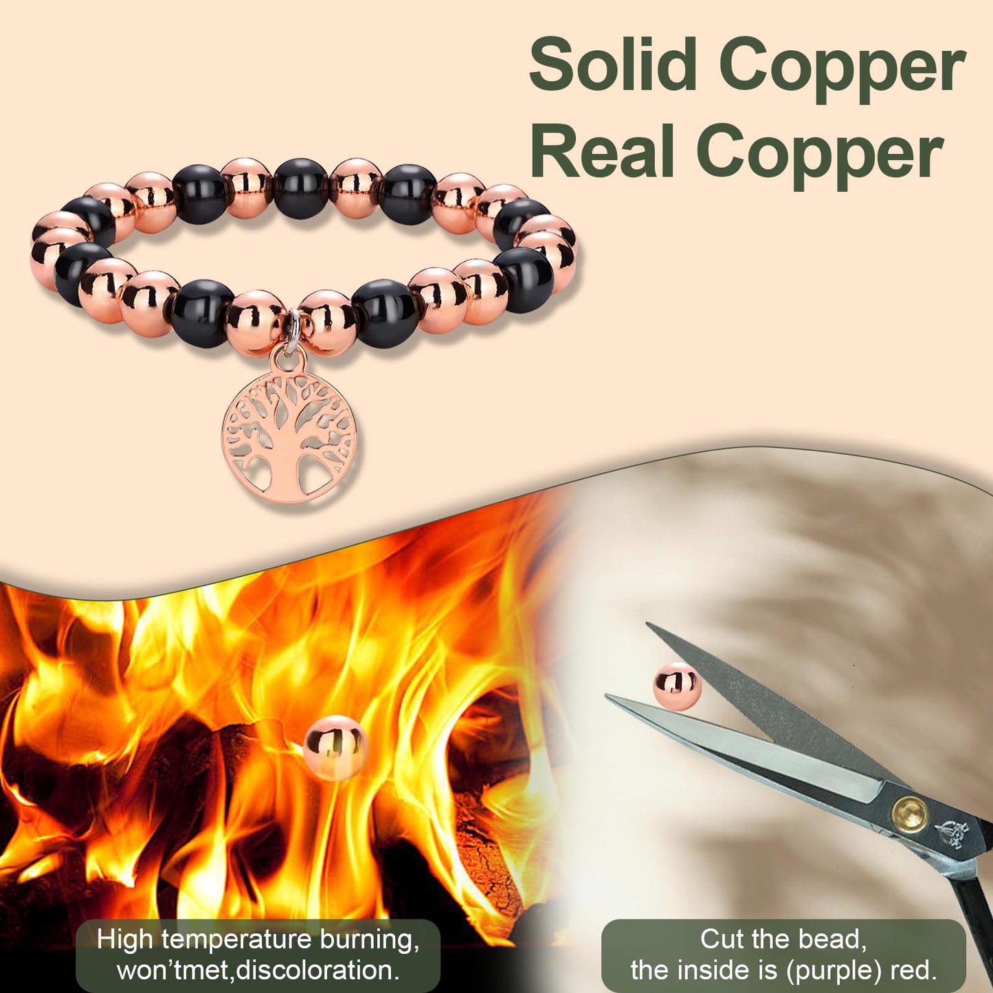 Fashtour Copper Beads Bracelet for Women and Men, Adjustable 99.99% Pure Copper Beads with 8mm Hematite Stones, Magnetic Beaded Jewelry Gift with Tree of Life Charm (8mm)