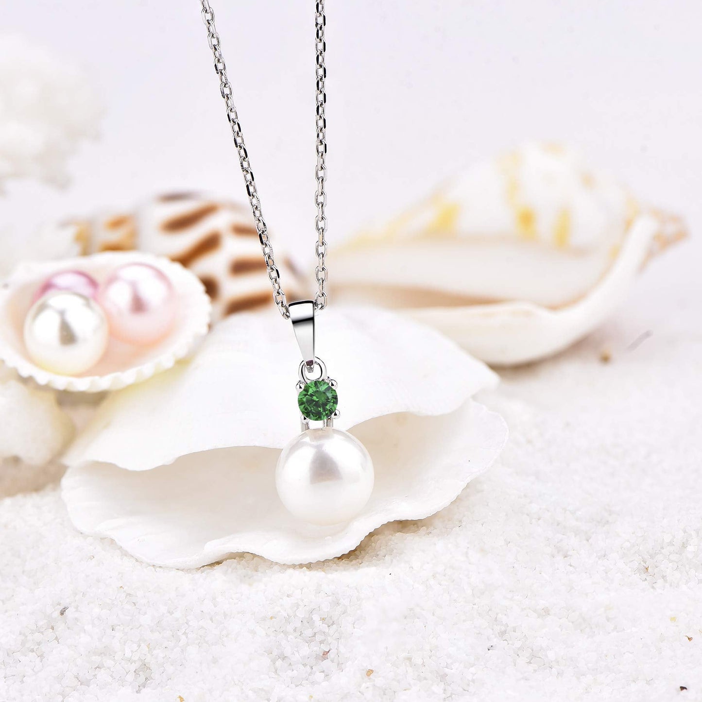 JO WISDOM Pearl Necklace,925 Sterling Silver Cubic Zirconia 10mm White Freshwater Pearl Pendant Necklace,Created Emerald May Birthstone Jewelry for Women